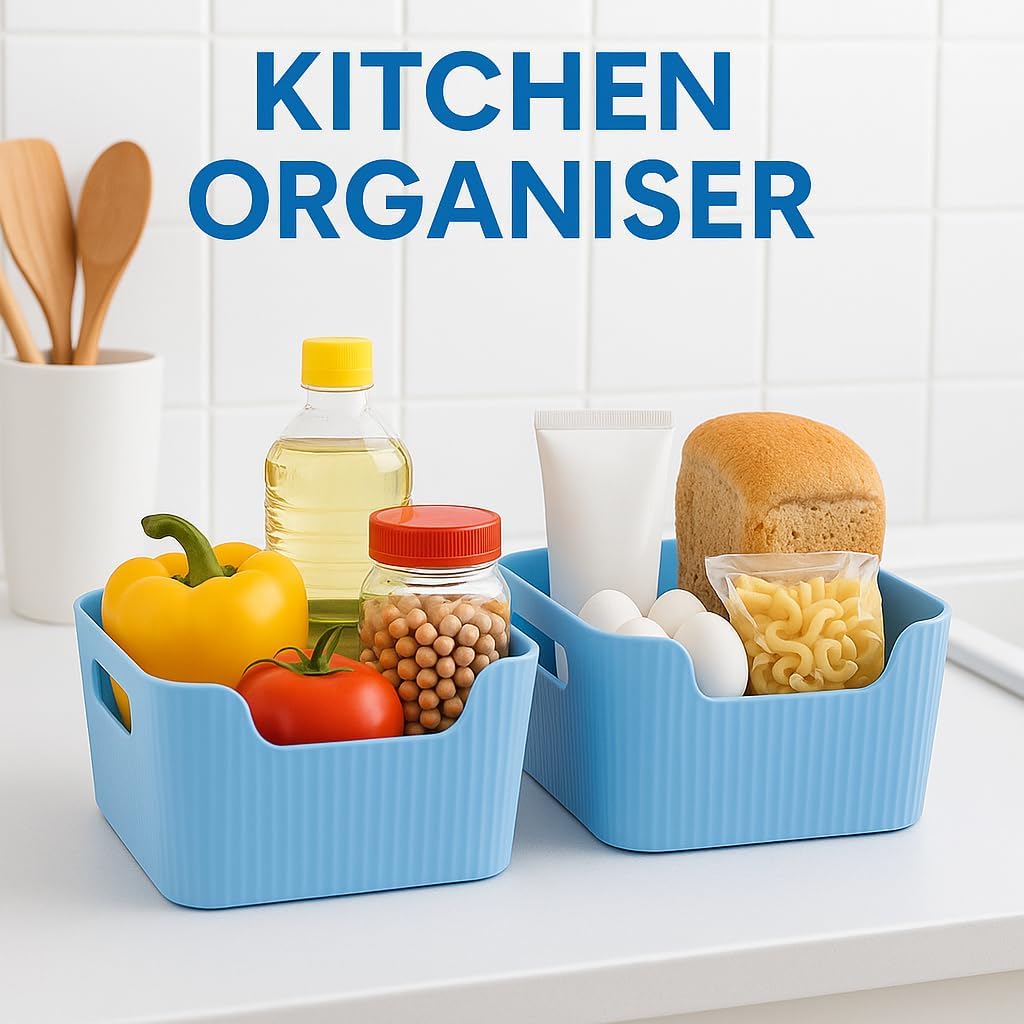 Storage Box Basket for Storage Plastic Organiser for Storage Bathroom Storage Box Small Plastic Organiser Bathroom Basket Boxes for Toys,Cosmetic,Accessory (BLUE, PACK OF 3)