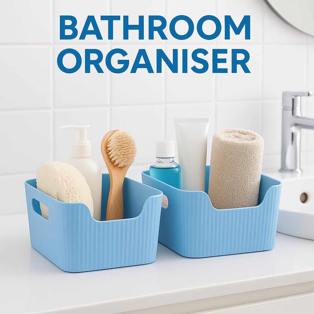 Storage Box Basket for Storage Plastic Organiser for Storage Bathroom Storage Box Small Plastic Organiser Bathroom Basket Boxes for Toys,Cosmetic,Accessory (BLUE, PACK OF 3)